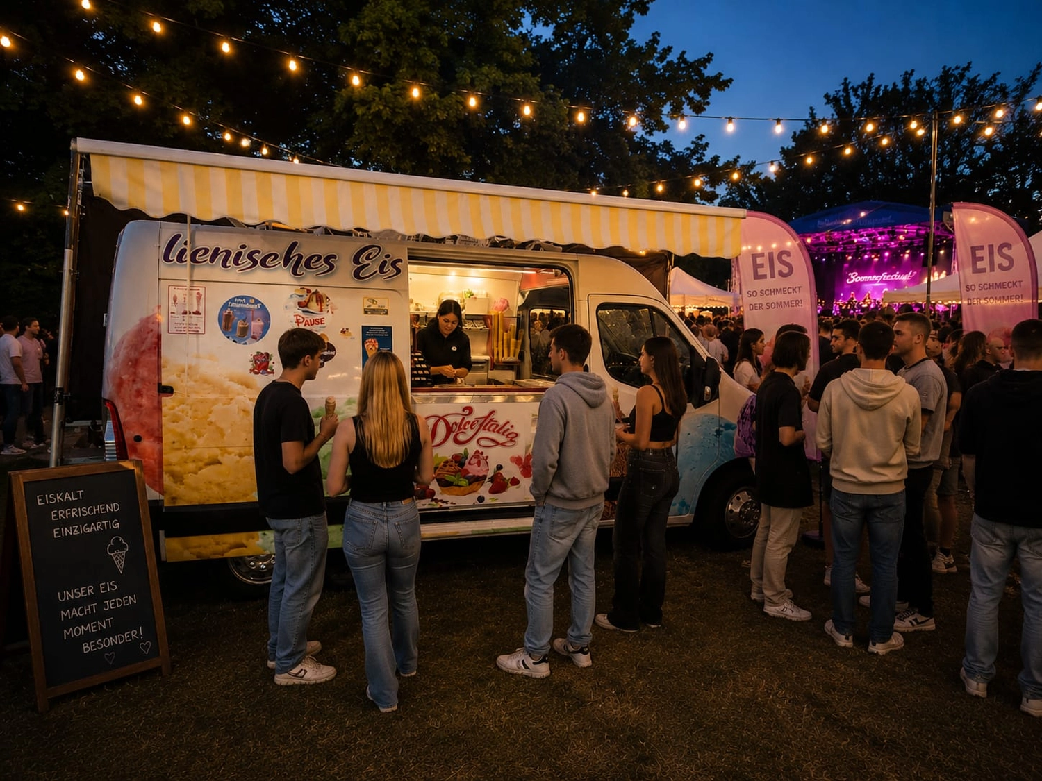Bayerle - Eiswagen - Ein Imbisswagen namens „Geniesches Eis“ versorgt die Kunden auf einem gut besuchten abendlichen Open-Air-Festival, das mit Lichterketten geschmückt ist.