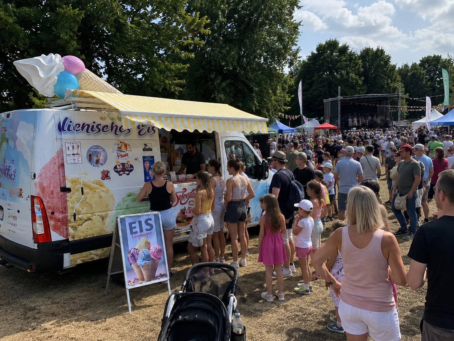 Bayerle - Eiswagen - Eine sonnige Szene im Freien zeigt eine lange Schlange von Menschen, die vor einem weißen Eiswagen der Marke „Lienisches Eis“ auf einer Wiese warten. Der Wagen ist mit einer großen Eistüte auf dem Dach und einer gelb-gestreiften Markise geschmückt, im Hintergrund sind eine bunte Hüpfburg und üppig grüne Bäume zu sehen.