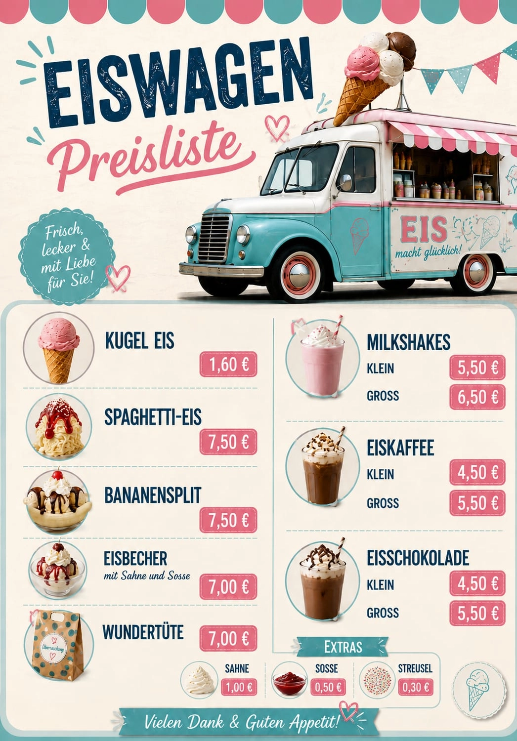Bayerle - Eiswagen - Eine Preisliste eines Eiswagens mit einem altmodischen blauen Lieferwagen und einer Vielzahl von Leckereien wie Eiskugeln, Spaghetti-Eis, Milchshakes und Eiskaffee, mit Preisen in Euro.