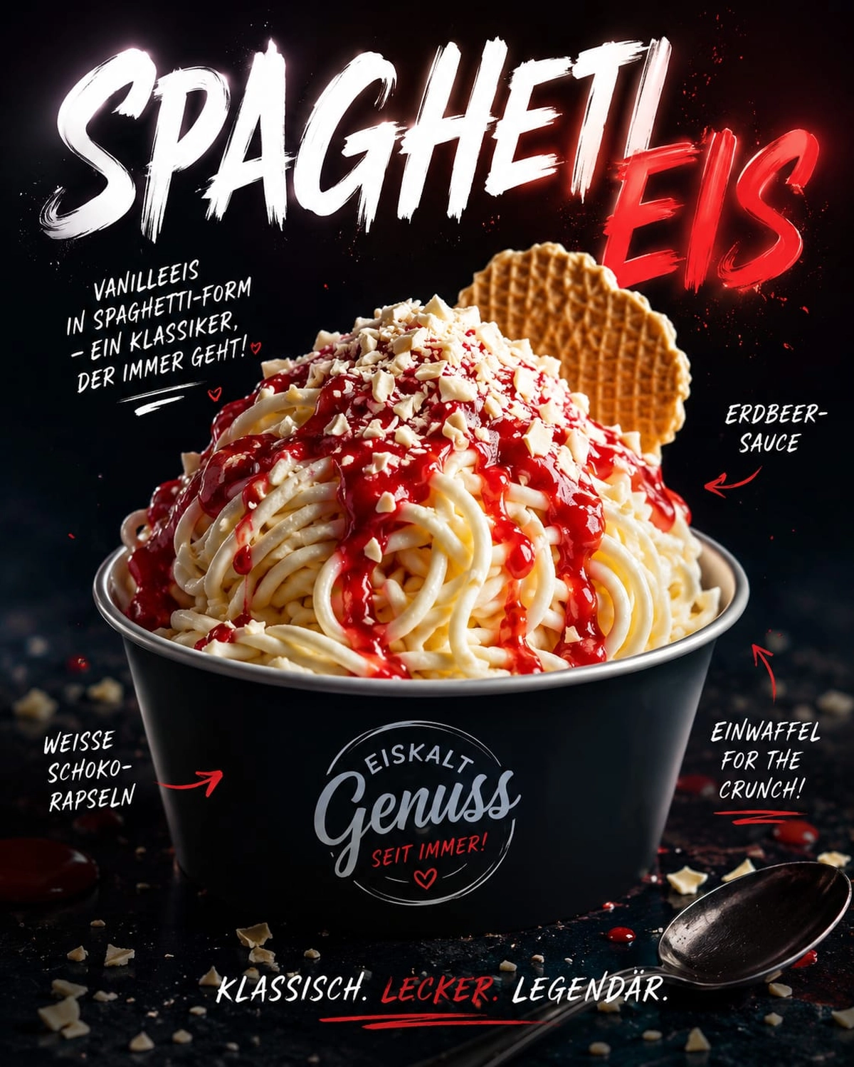 Bayerle - Eiswagen - Eine Schüssel Spaghettieis – Vanilleeis in Nudelform – garniert mit roter Erdbeersauce und weißen Schokoladenraspeln, serviert mit einem Waffelkeks.