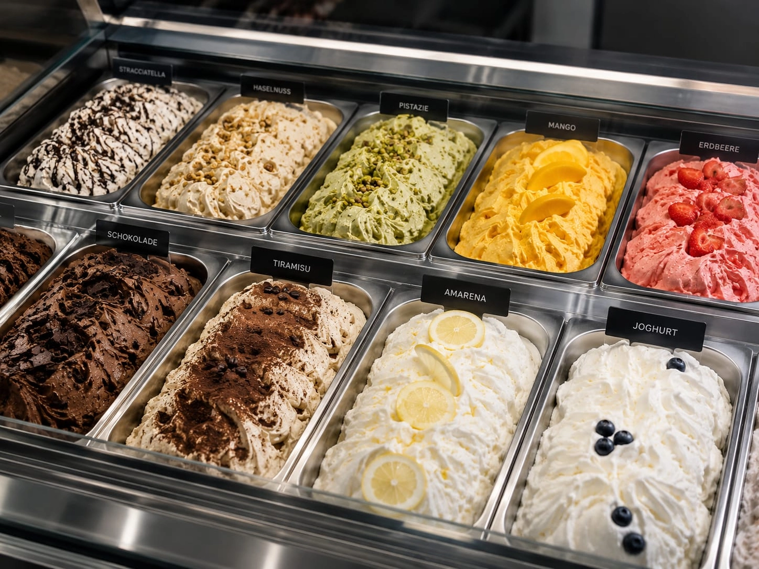 Bayerle - Eiswagen - Eine Aufnahme aus der Vogelperspektive zeigt zehn rechteckige Metallbehälter, gefüllt mit verschiedenen Sorten farbenfrohem, spiralförmigem Gelato, die in zwei Reihen angeordnet sind. Jeder Behälter trägt ein kleines schwarzes Etikett mit dem Namen der Sorte in weißer Schrift, darunter „Pistazie“, „Mango“ und „Tiramisu“.